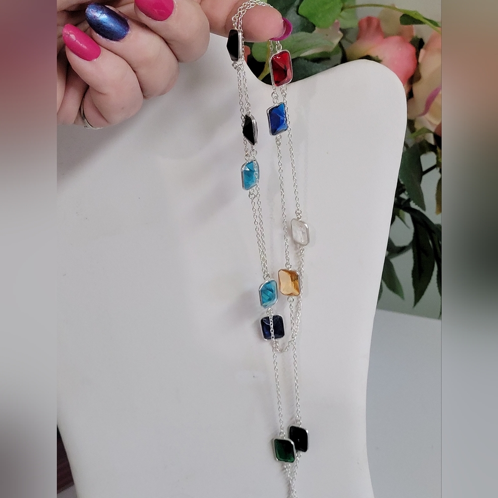 Multicolor Faceted Gemstones Silver Necklace. Gorgeous ✨️ 😍 36" crystal - Picture 2 of 8
